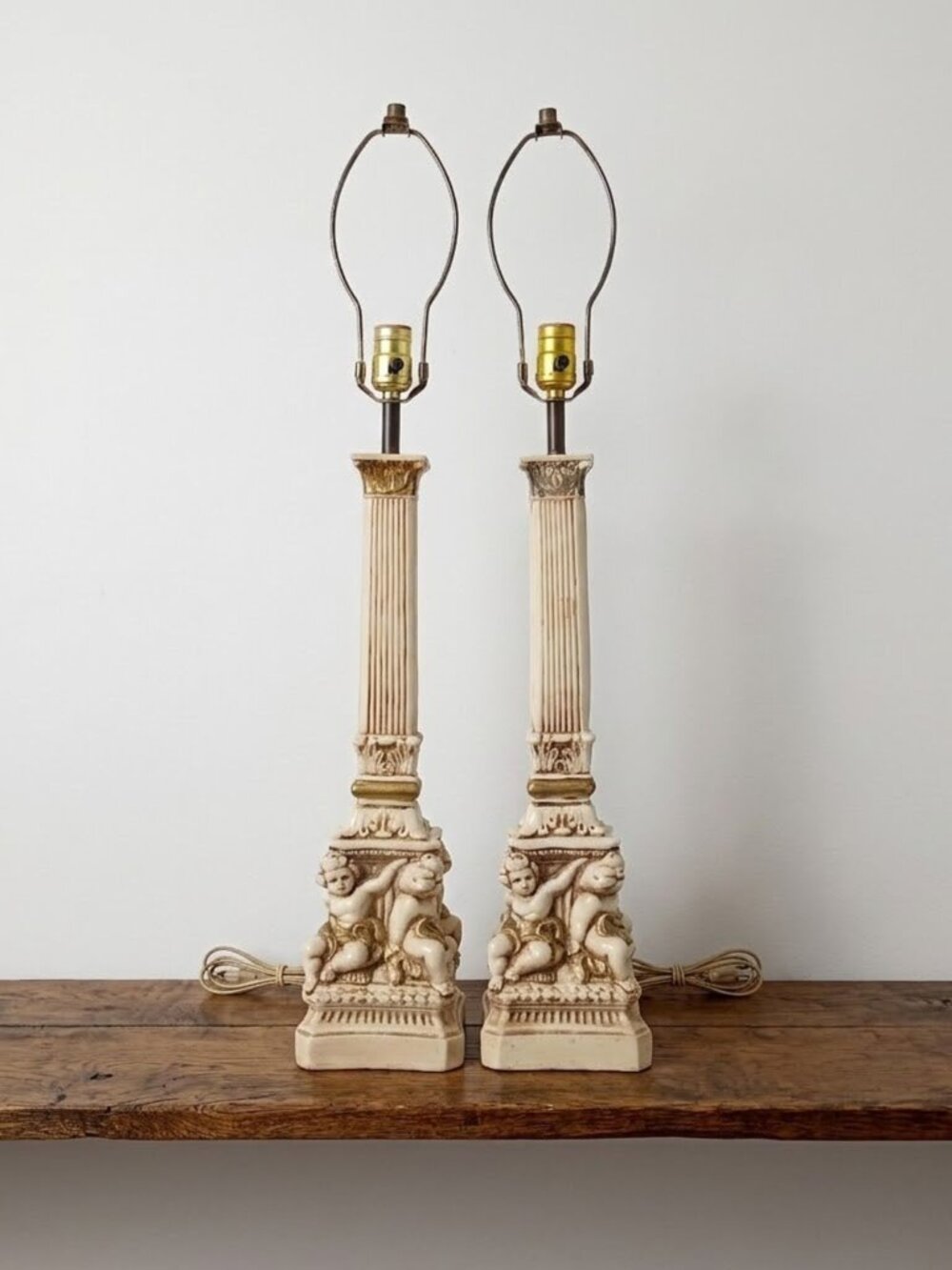 Vintage Tempo Lighting Cherub Putti Column Table Lamps Pair Hollywood Regency